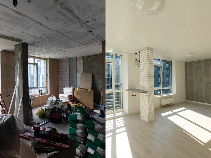 Kotedžas Pilaitėje prieš ir po glaistymo bei dažymo darbų, projektas P-02